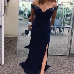 NAVY BLUE OFF THE SHOULDER PROM DRESS